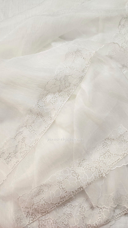 Tissue orgnaza saree with scallopped and cutwork borders | HC100 |Milky white/Offwhite