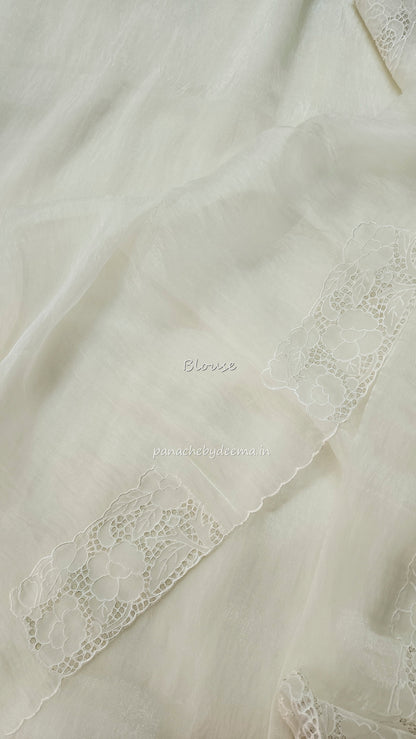 Tissue orgnaza saree with scallopped and cutwork borders | HC100 |Milky white/Offwhite