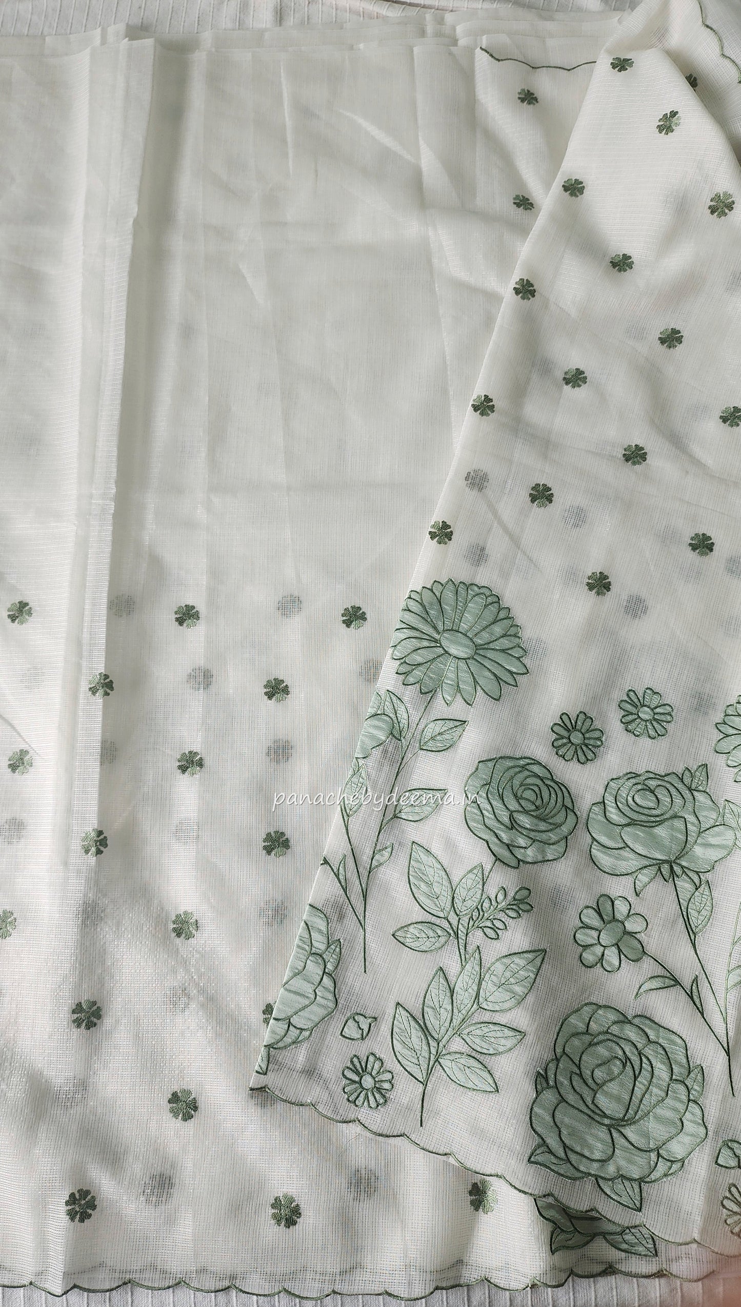 Kota applique saree with scalloped borders | white with green flowers | KAP5