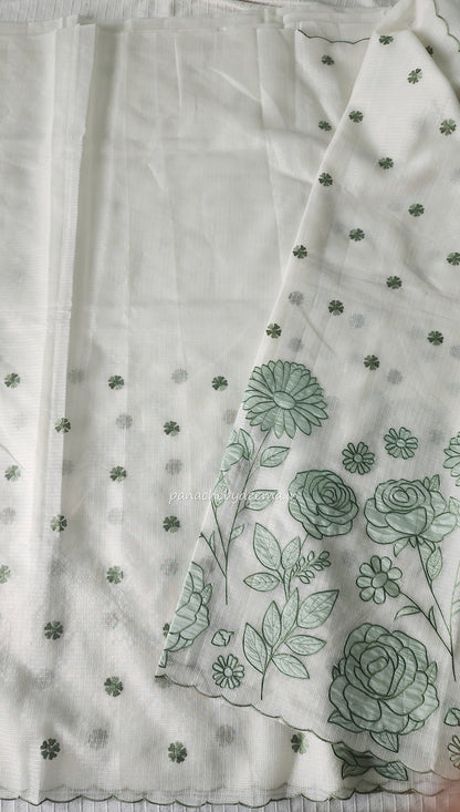 Kota applique saree with scalloped borders | white with green flowers | KAP5