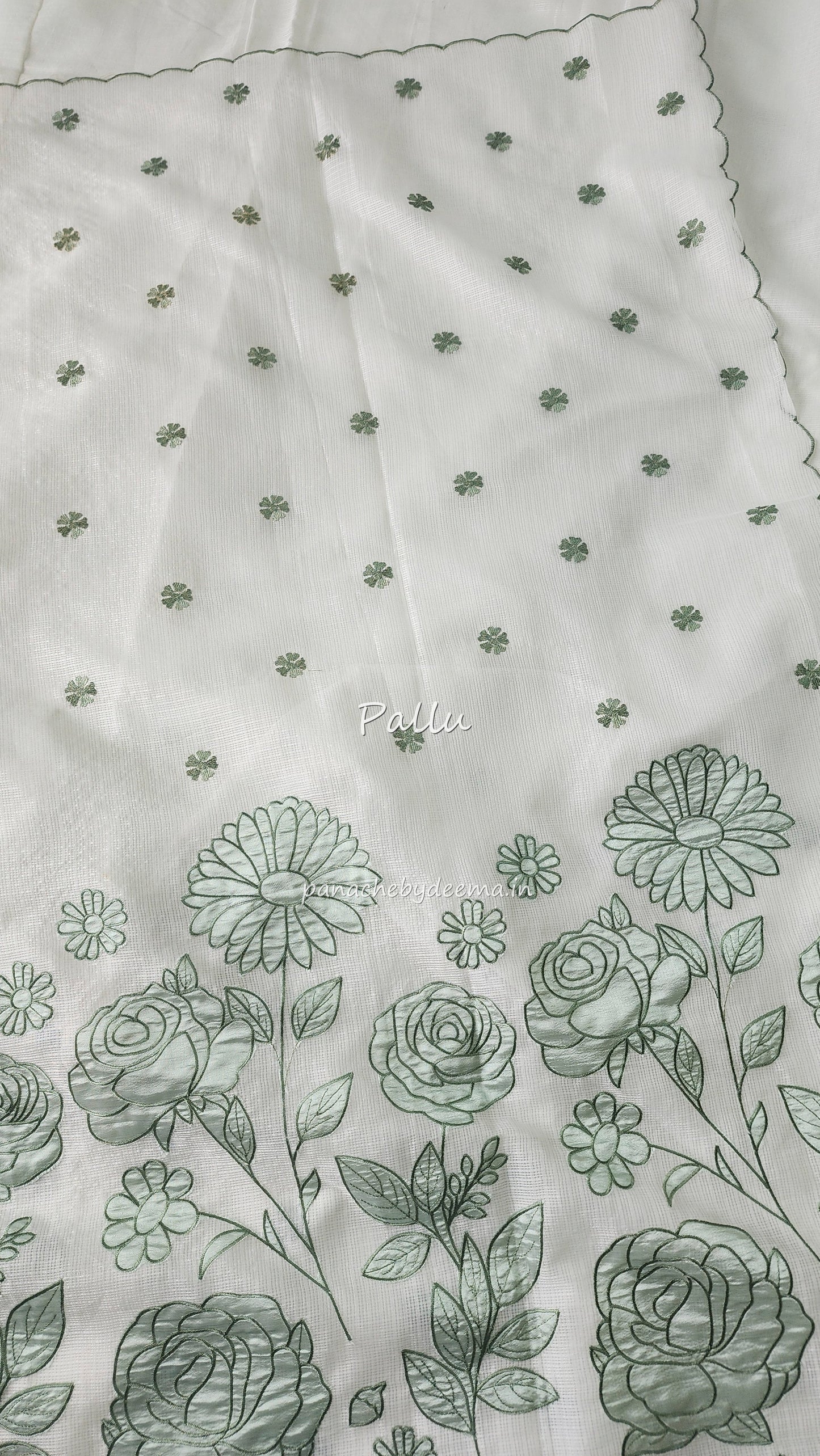 Kota applique saree with scalloped borders | white with green flowers | KAP5