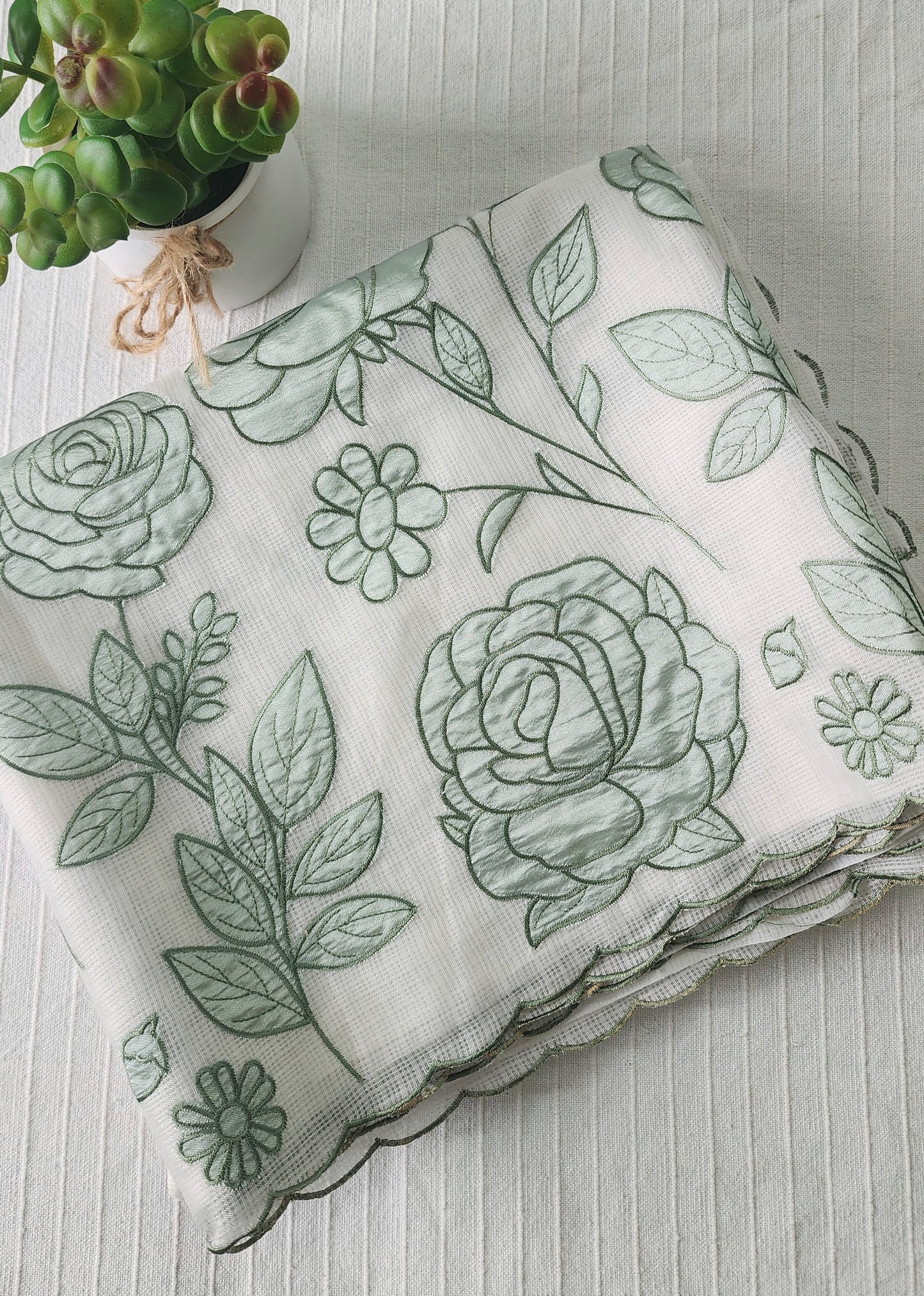 Kota applique saree with scalloped borders | white with green flowers | KAP5