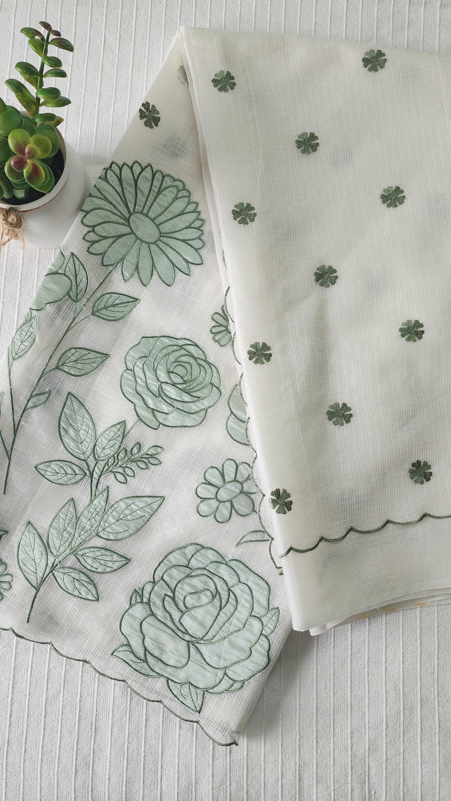 Kota applique saree with scalloped borders | white with green flowers | KAP5