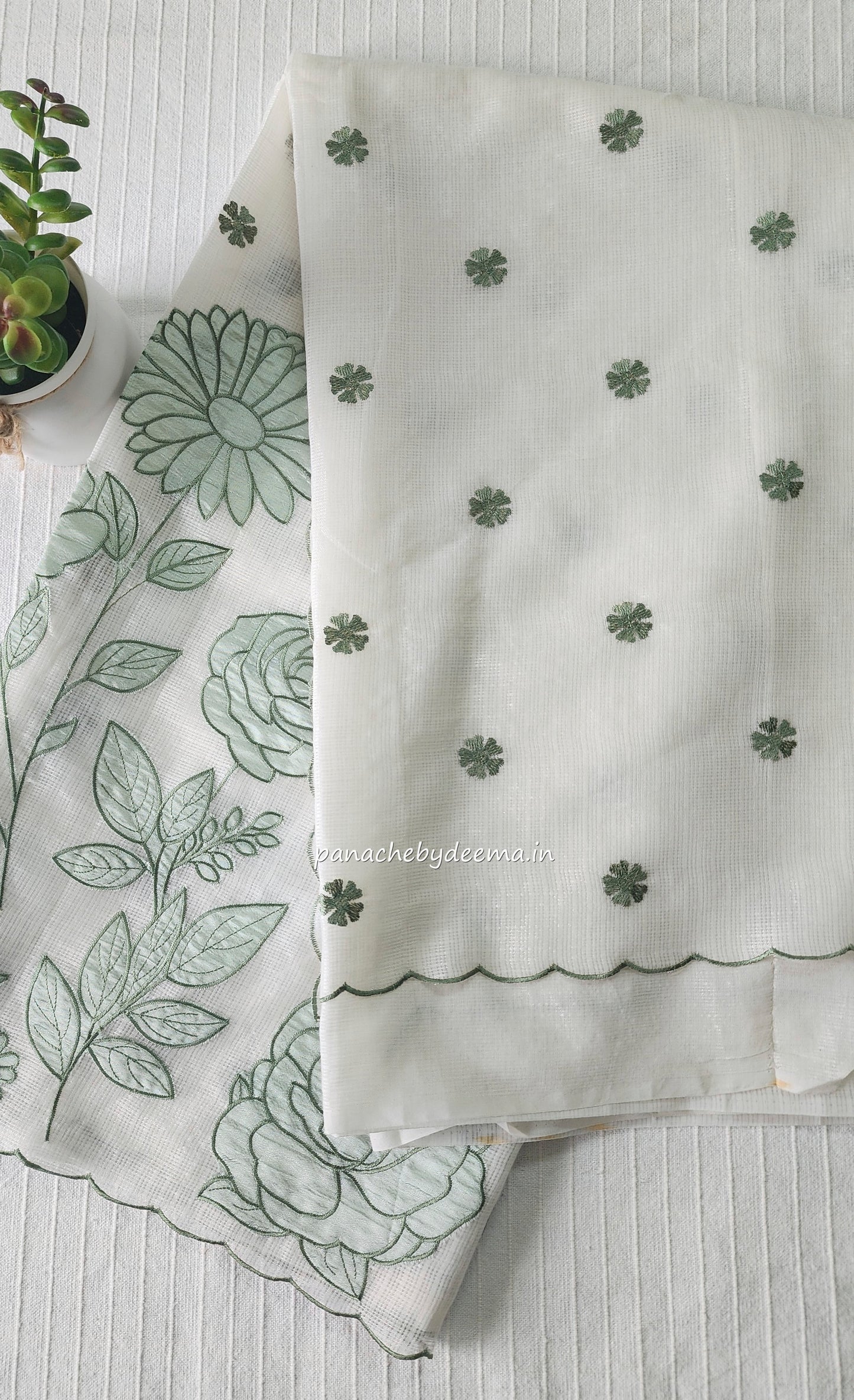 Kota applique saree with scalloped borders | white with green flowers | KAP5