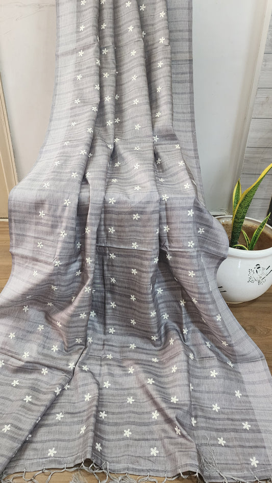 Beautiful semi dupion saree with thread embroidery | Bluish Grey| FL102