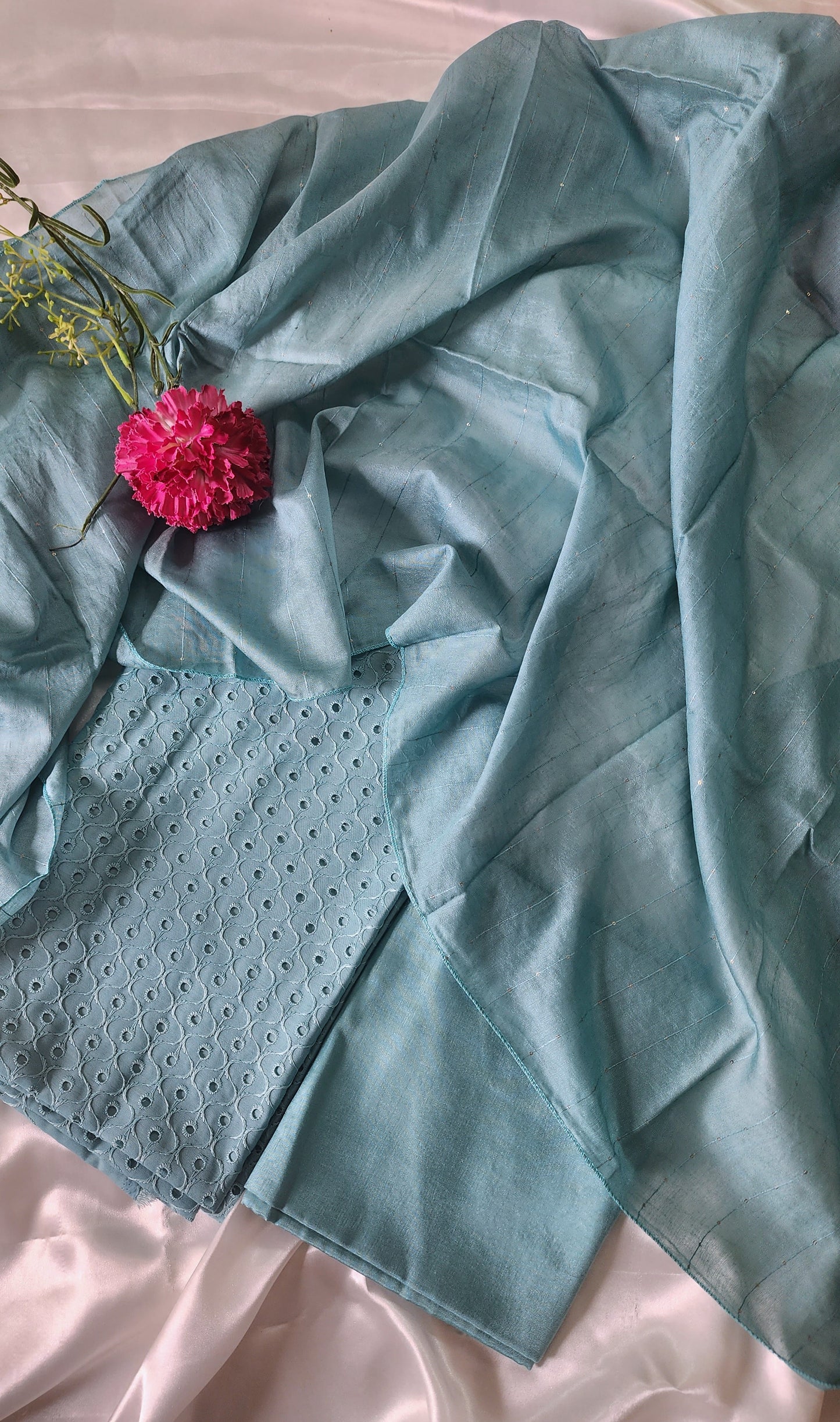 Semi raw silk hakoba material unstitched salwar set | Sea blue| H4
