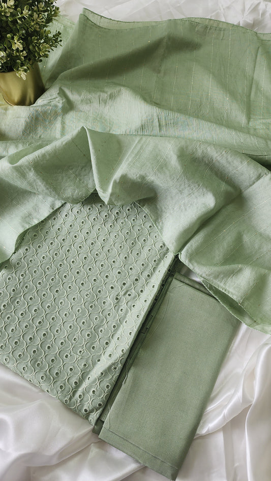 Semi raw silk hakoba material unstitched salwar set | Pastel green| H2