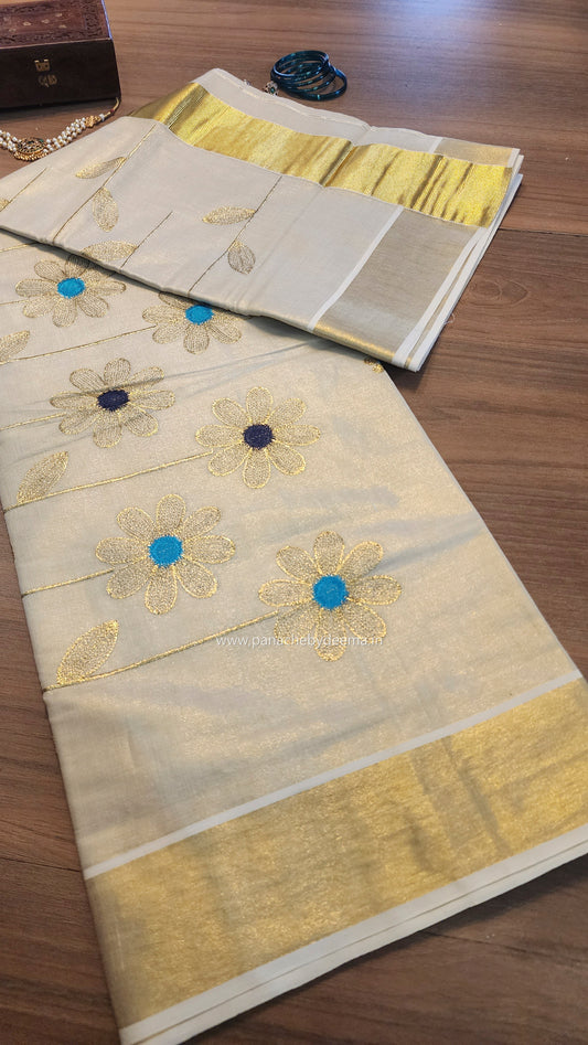 Golden tissue kerala saree with flower embroidery | Navy blue and seablue  ON102