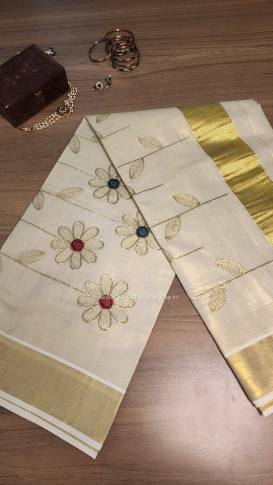 Golden tissue kerala saree with flower embroidery |Red and green  ON103