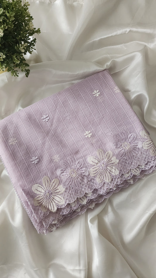 Kota saree with embroidery scalloped border and crochet lace edges| Light lavender |KT4