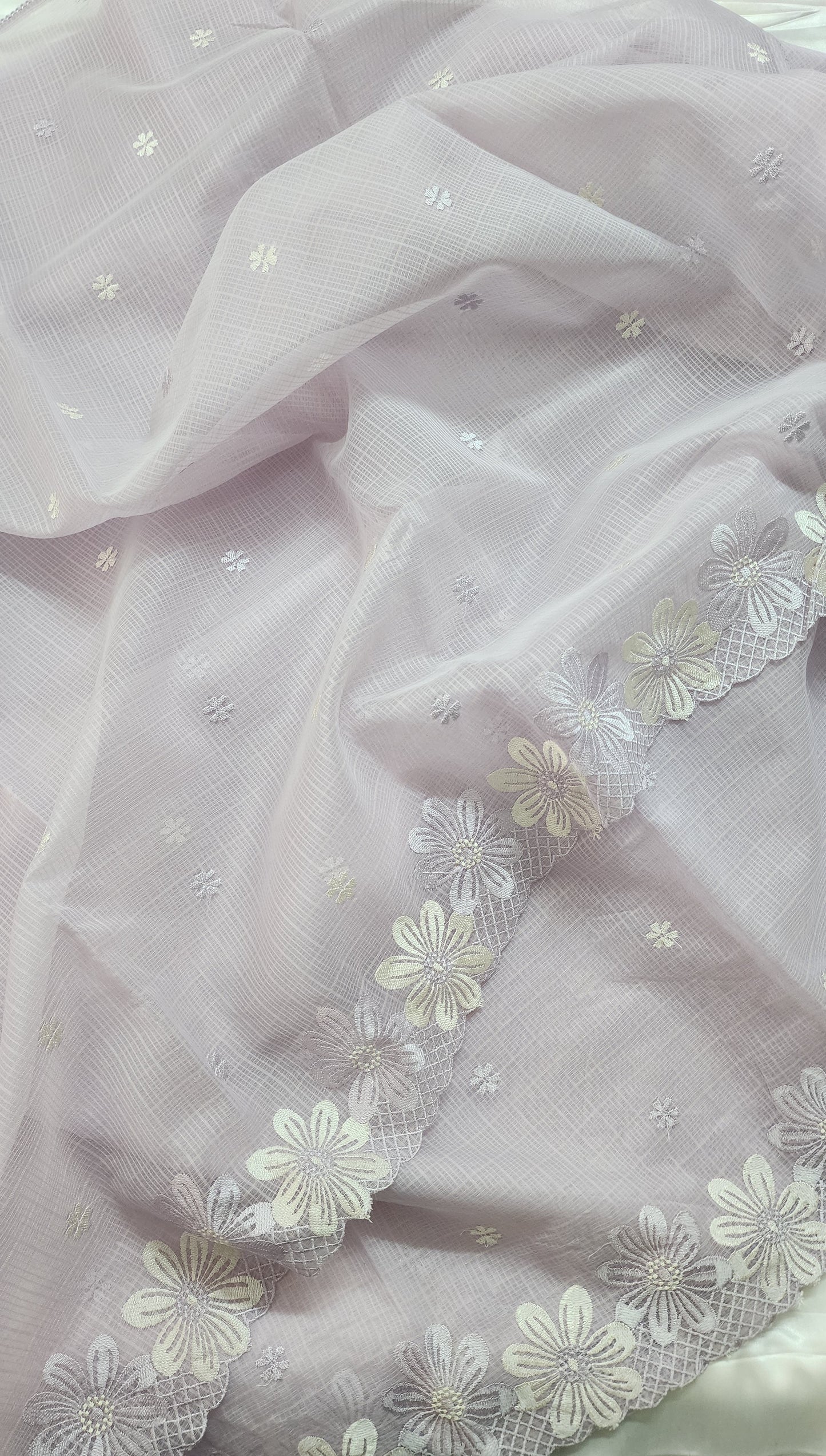 Kota saree with embroidery scalloped border and crochet lace edges| Light lavender |KT4
