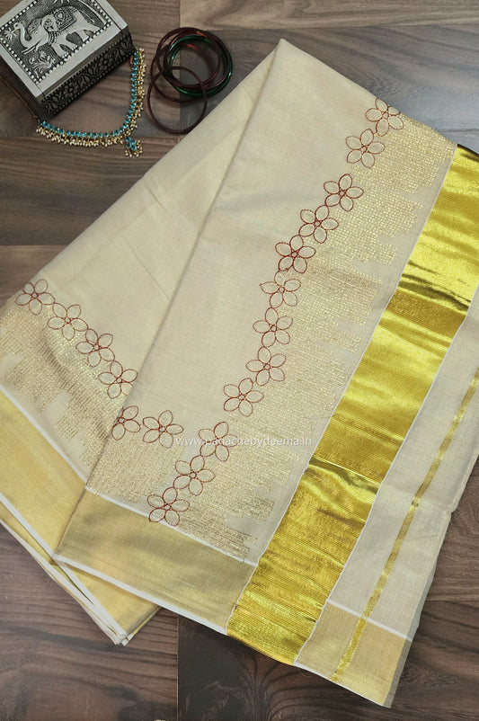 Golden tissue kerala saree with flower embroidery |ON104