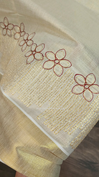 Golden tissue kerala saree with flower embroidery |ON104