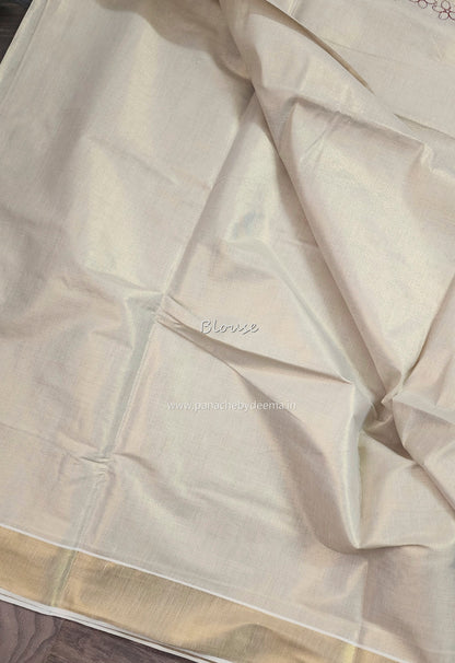 Golden tissue kerala saree with flower embroidery |ON104