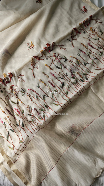 Soft tissue silk saree with hand embroidery | Off- white | LTS