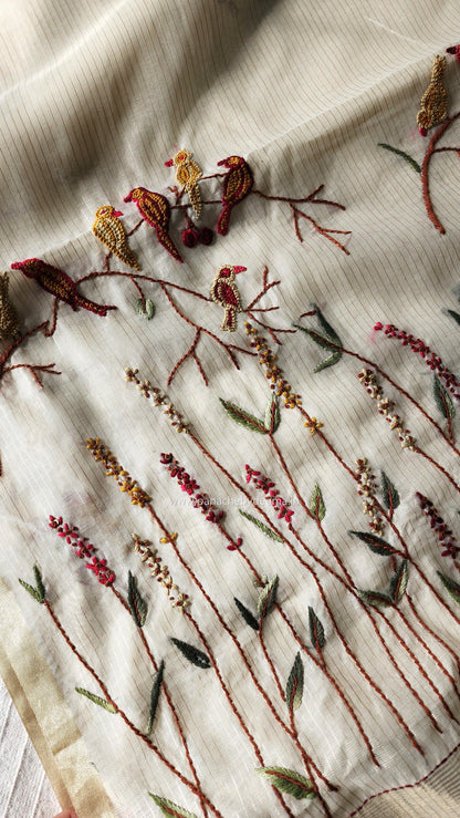 Soft tissue silk saree with hand embroidery | Off- white | LTS