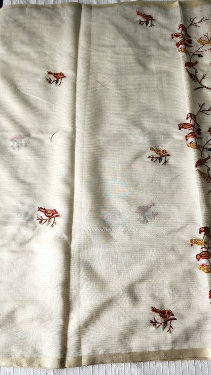 Soft tissue silk saree with hand embroidery | Off- white | LTS