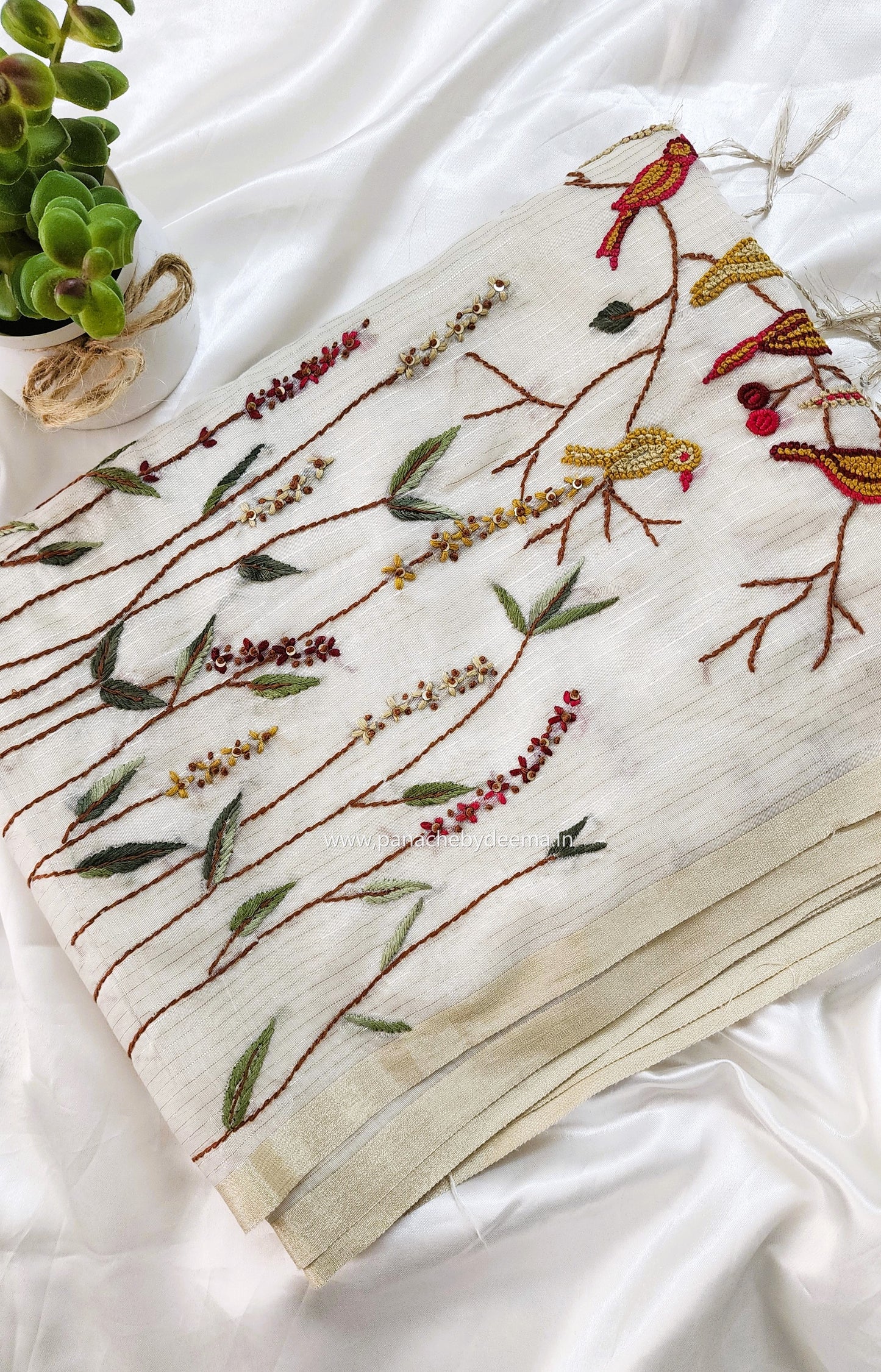 Soft tissue silk saree with hand embroidery | Off- white | LTS