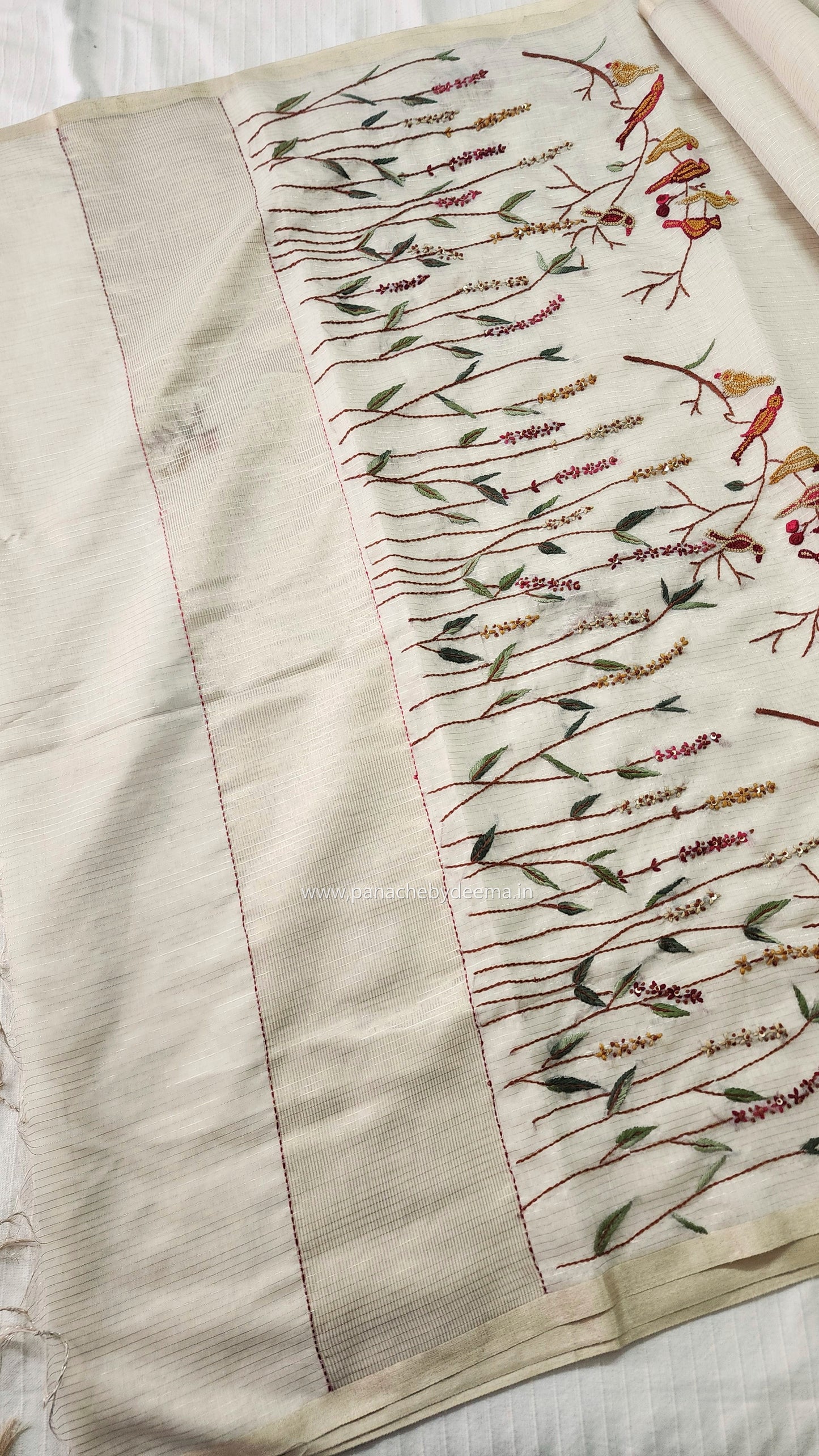 Soft tissue silk saree with hand embroidery | Off- white | LTS