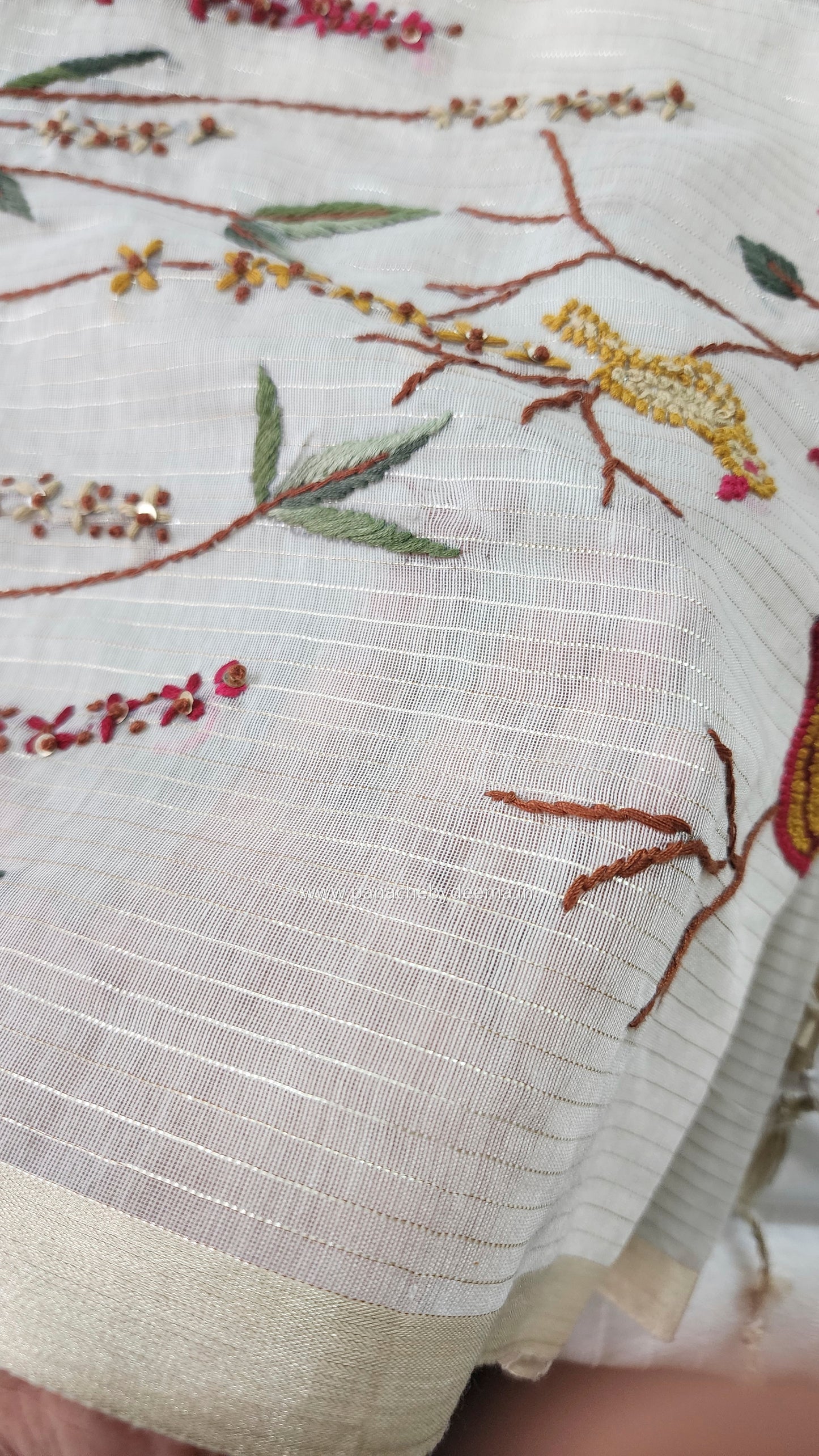 Soft tissue silk saree with hand embroidery | Off- white | LTS