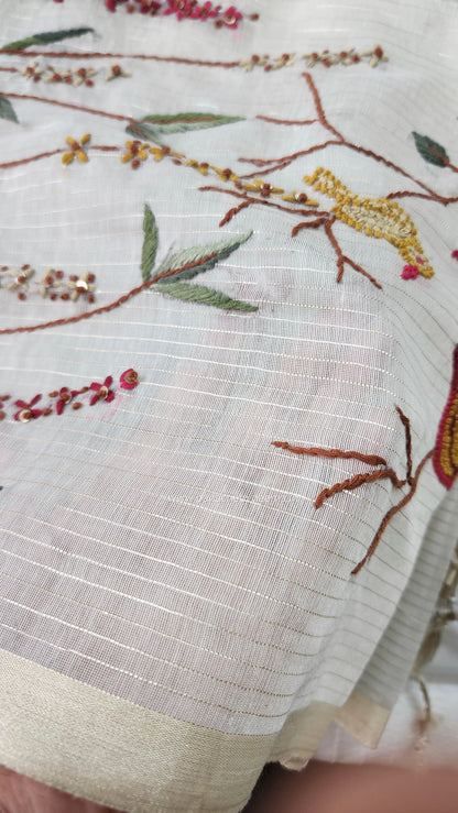 Soft tissue silk saree with hand embroidery | Off- white | LTS