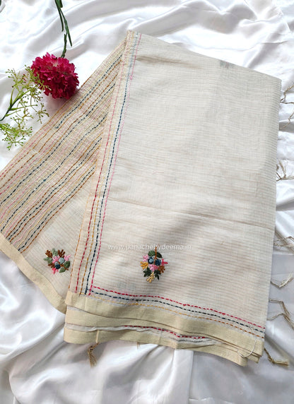 Soft linen tissue silk saree with hand embroidery | Off- white | LTS1