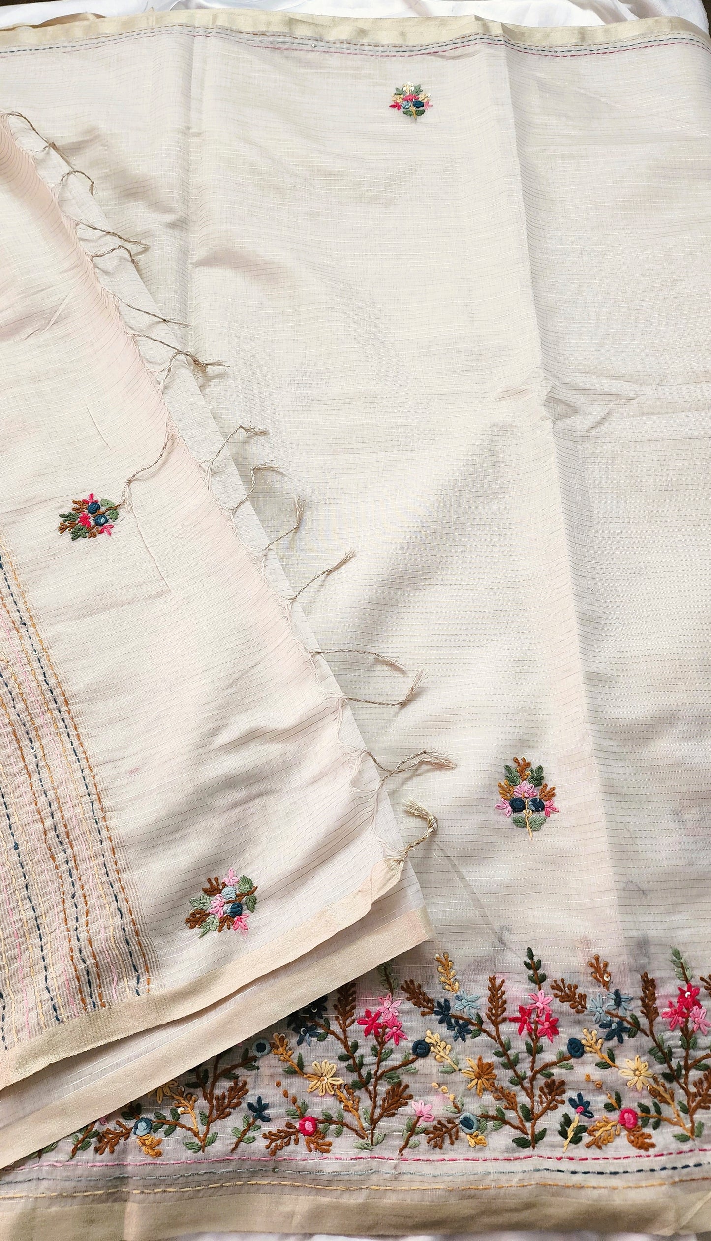 Soft linen tissue silk saree with hand embroidery | Off- white | LTS1