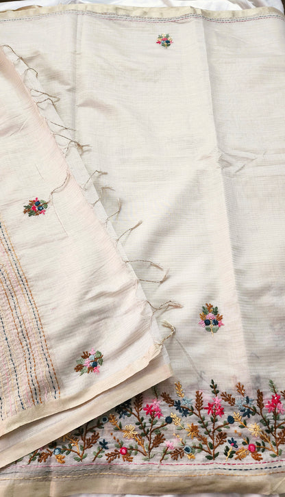 Soft linen tissue silk saree with hand embroidery | Off- white | LTS1