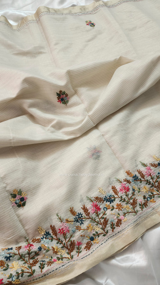 Soft linen tissue silk saree with hand embroidery | Off- white | LTS1