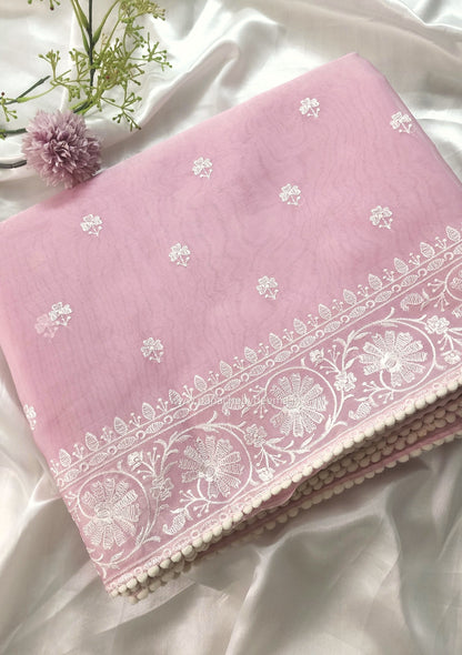 Organza saree with embroidery and lace edges | Baby pink | JH01