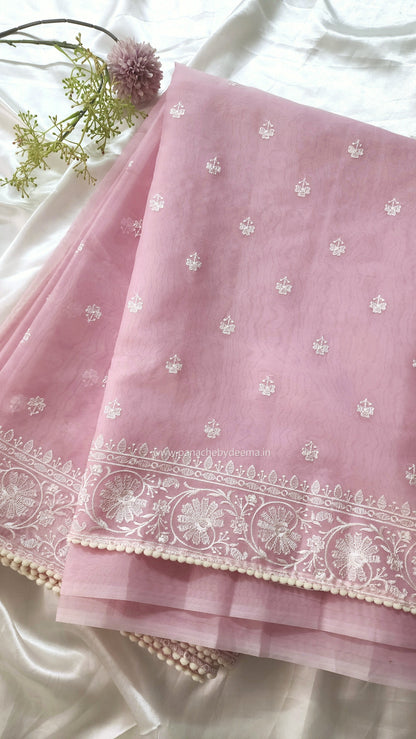 Organza saree with embroidery and lace edges | Baby pink | JH01
