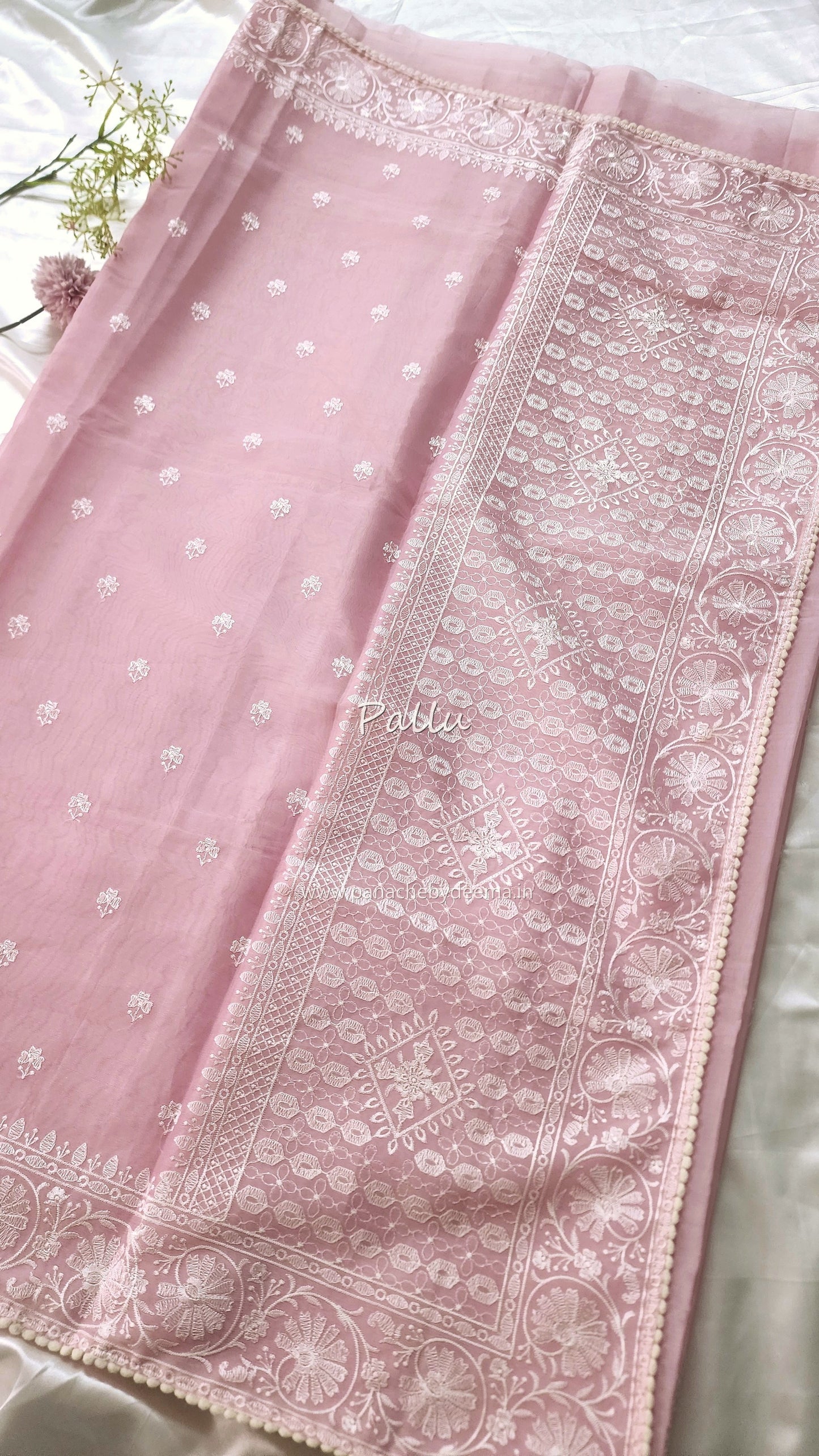 Organza saree with embroidery and lace edges | Baby pink | JH01