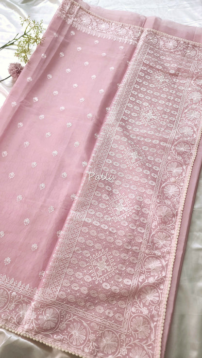 Organza saree with embroidery and lace edges | Baby pink | JH01