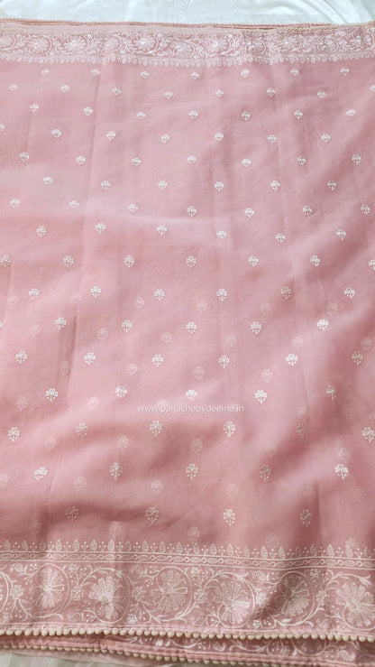 Organza saree with embroidery and lace edges | Baby pink | JH01