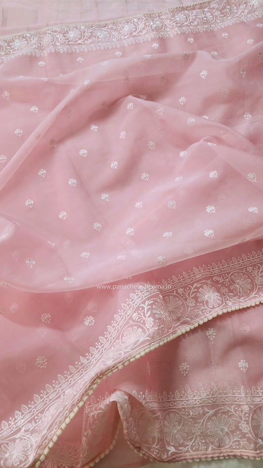 Organza saree with embroidery and lace edges | Baby pink | JH01
