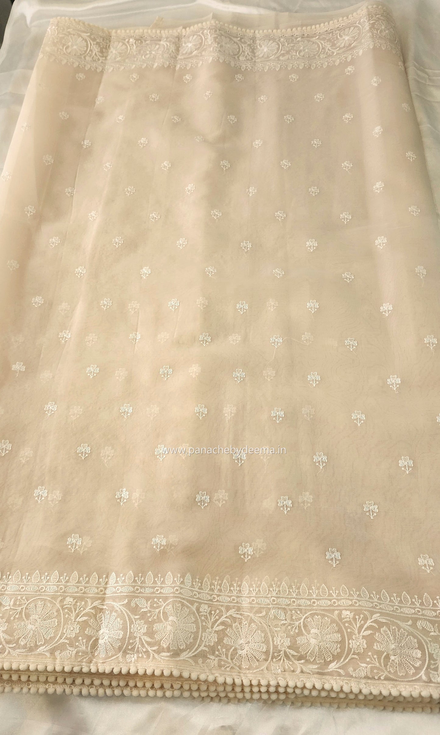 Organza saree with embroidery and lace edges | Cream| JH02