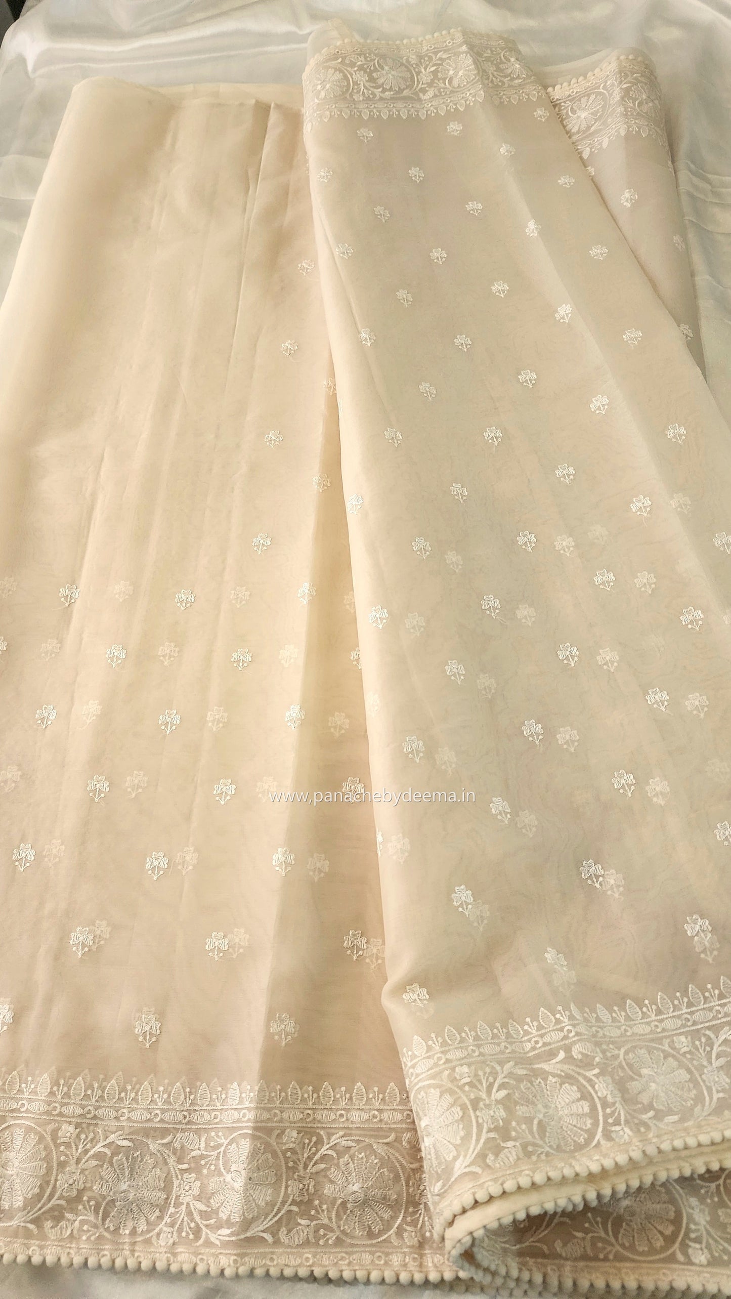 Organza saree with embroidery and lace edges | Cream| JH02