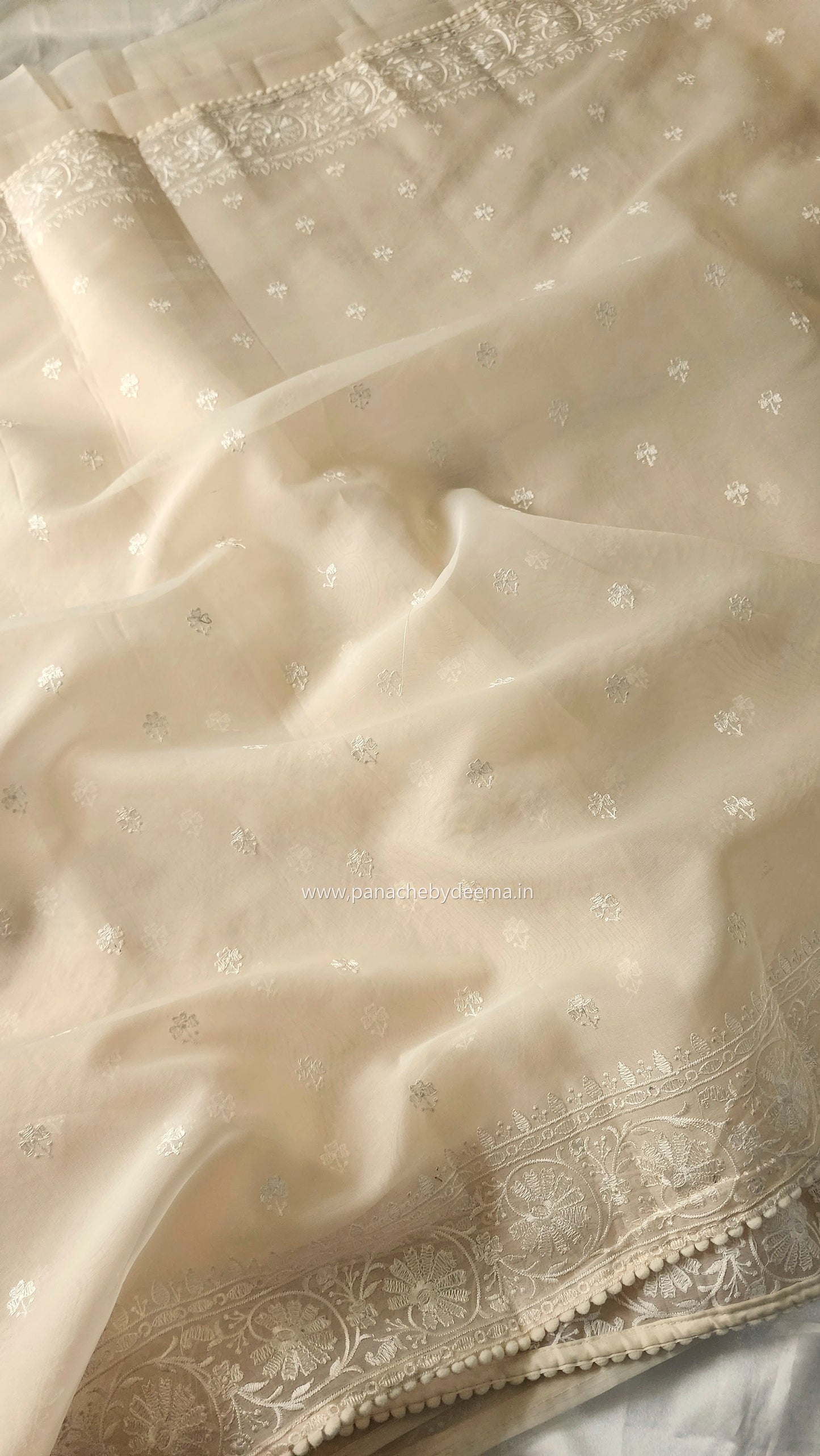 Organza saree with embroidery and lace edges | Cream| JH02