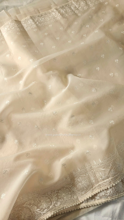 Organza saree with embroidery and lace edges | Cream| JH02