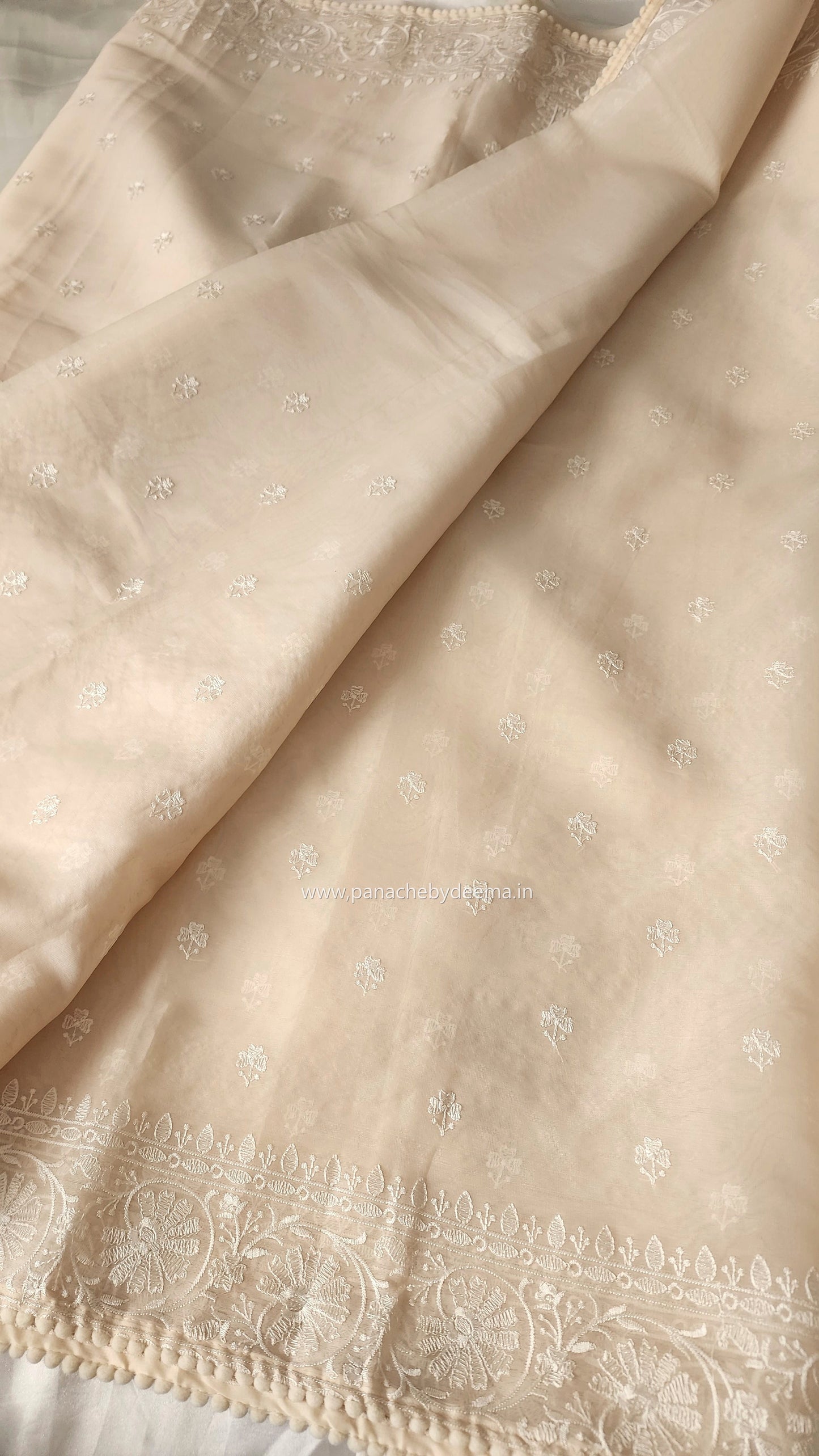 Organza saree with embroidery and lace edges | Cream| JH02