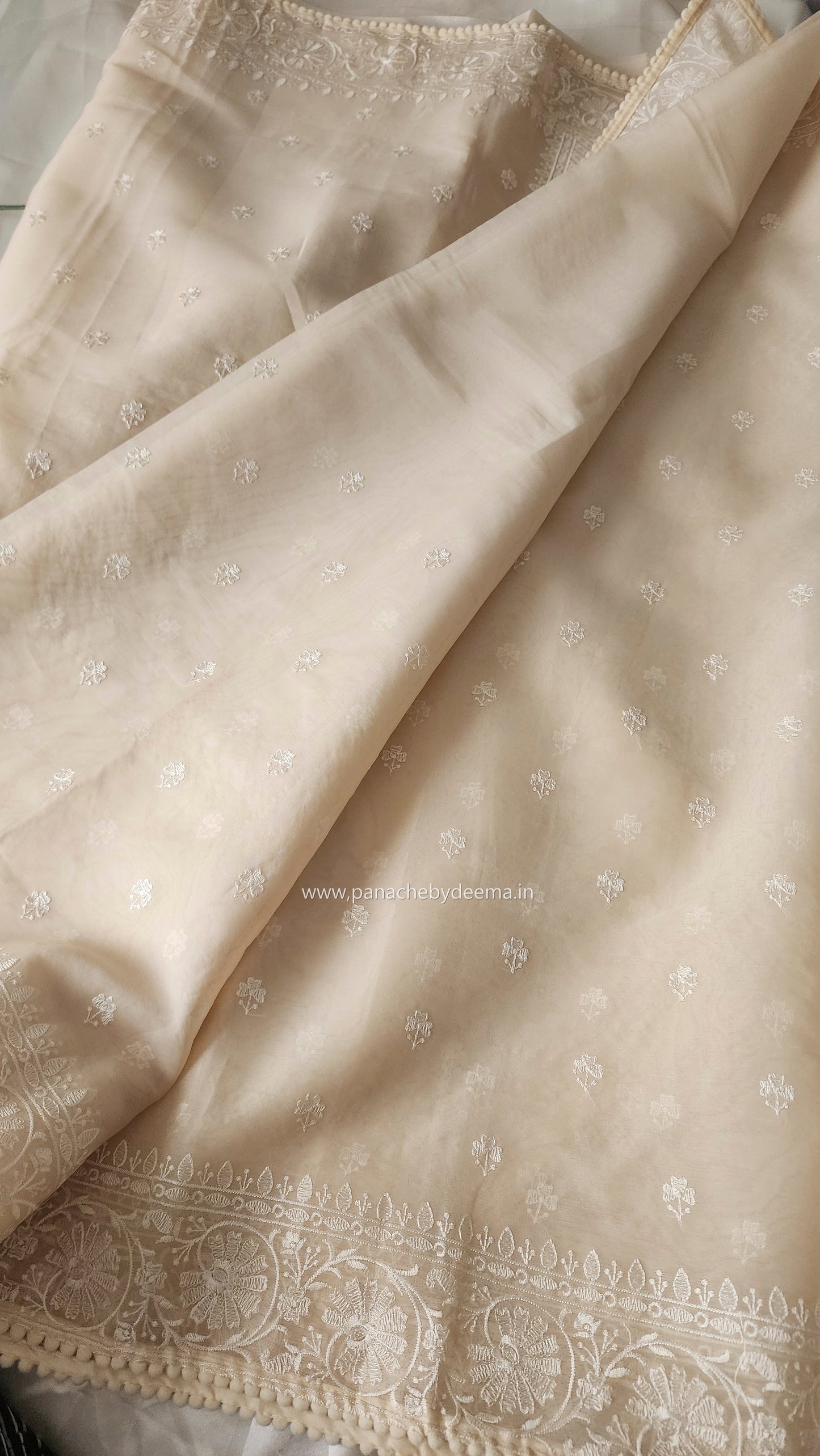 Organza saree with embroidery and lace edges | Cream| JH02