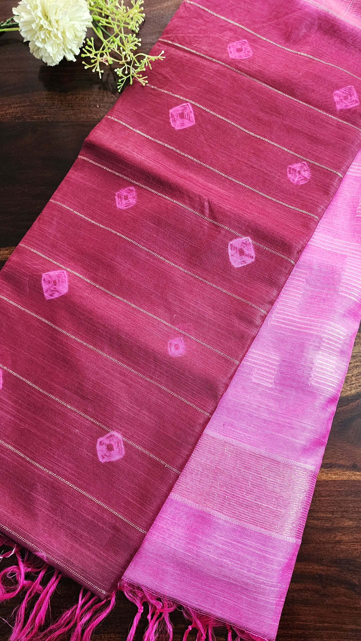 Semi tussar saree with contrast borders | Maroon with pink border | PA120