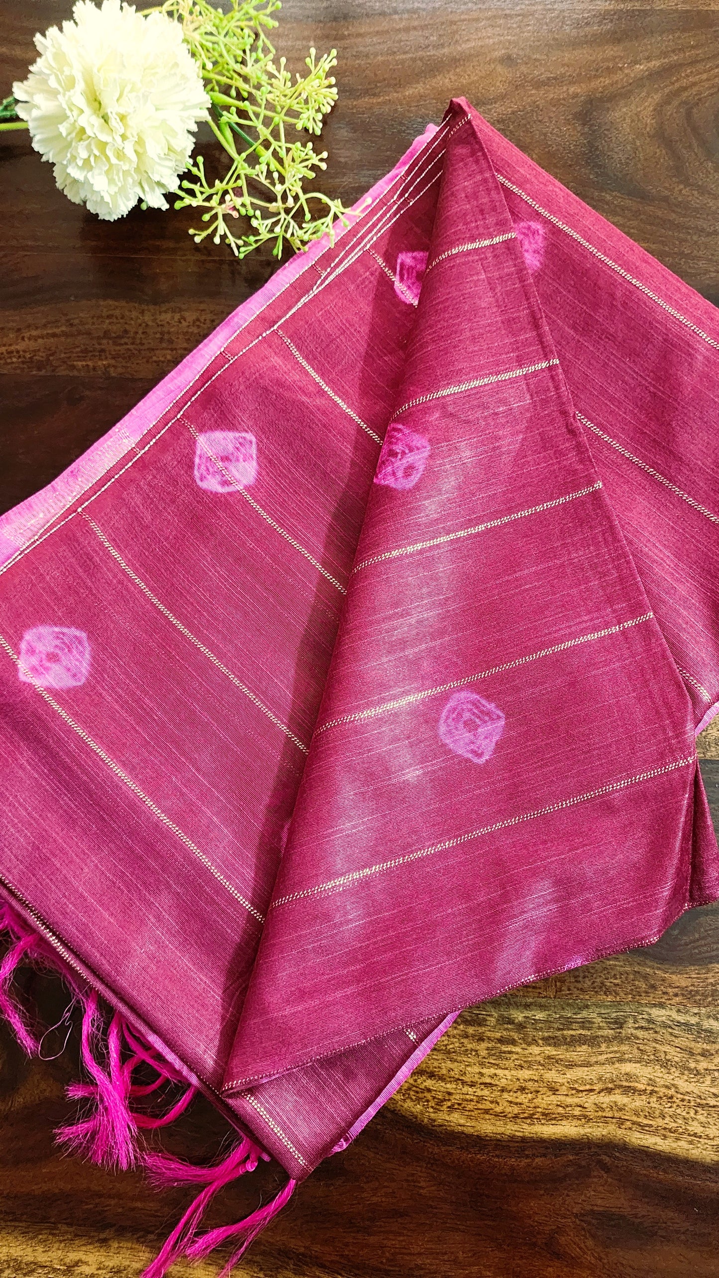 Semi tussar saree with contrast borders | Maroon with pink border | PA120
