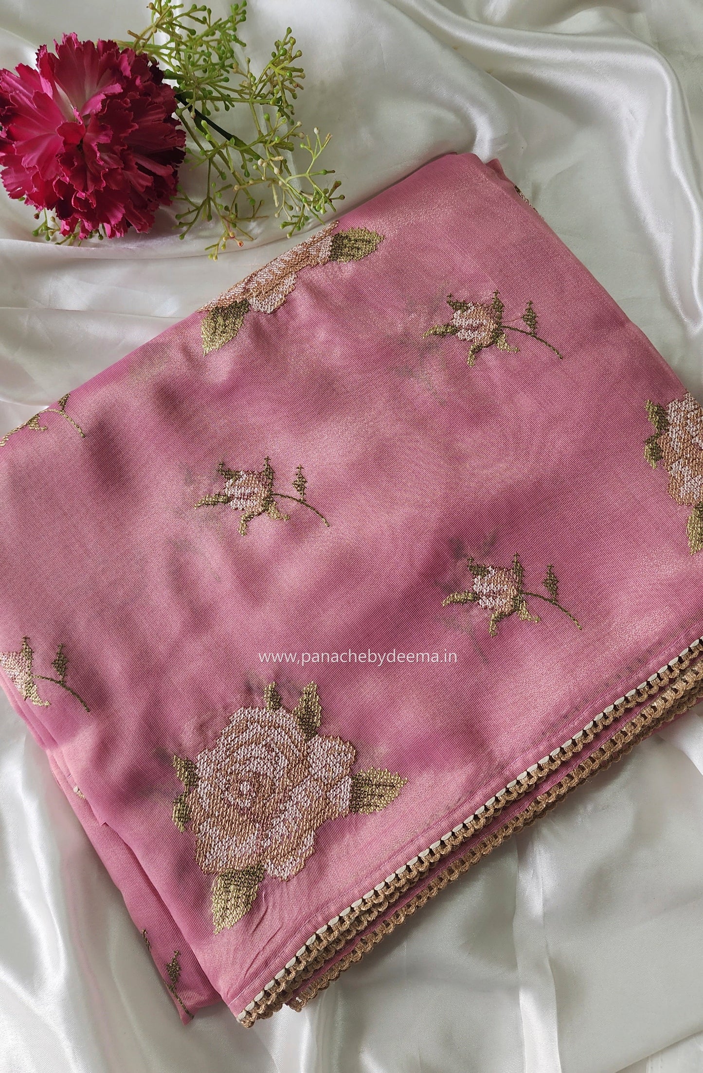 Linen tissue saree with cross stitch embroidery and lace edges | Pink | LCR1