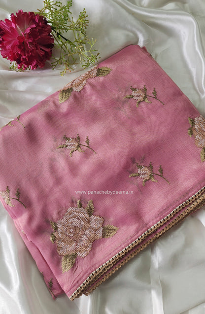 Linen tissue saree with cross stitch embroidery and lace edges | Pink | LCR1