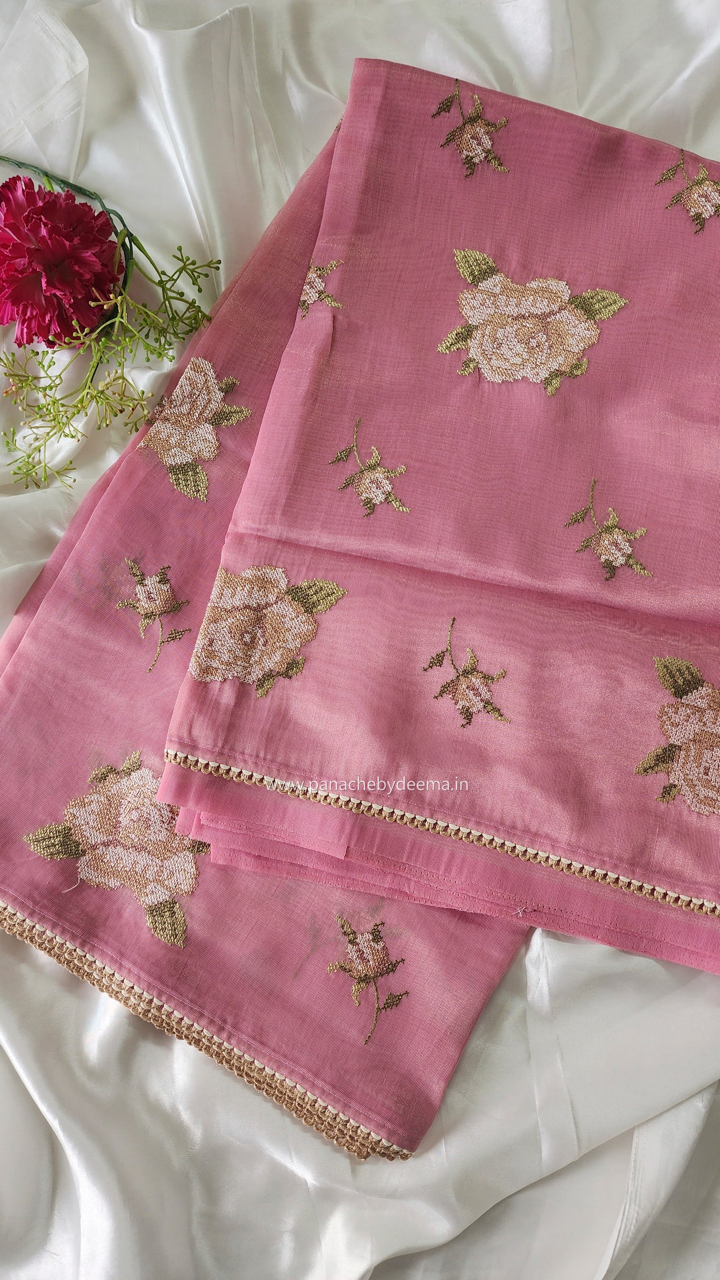 Linen tissue saree with cross stitch embroidery and lace edges | Pink | LCR1