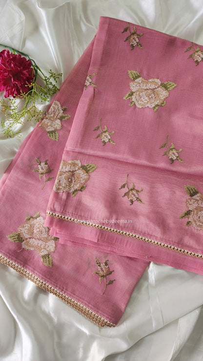 Linen tissue saree with cross stitch embroidery and lace edges | Pink | LCR1