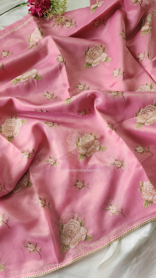 Linen tissue saree with cross stitch embroidery and lace edges | Pink | LCR1