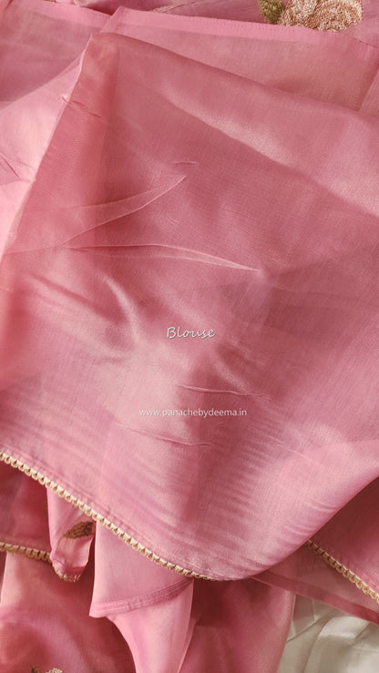 Linen tissue saree with cross stitch embroidery and lace edges | Pink | LCR1