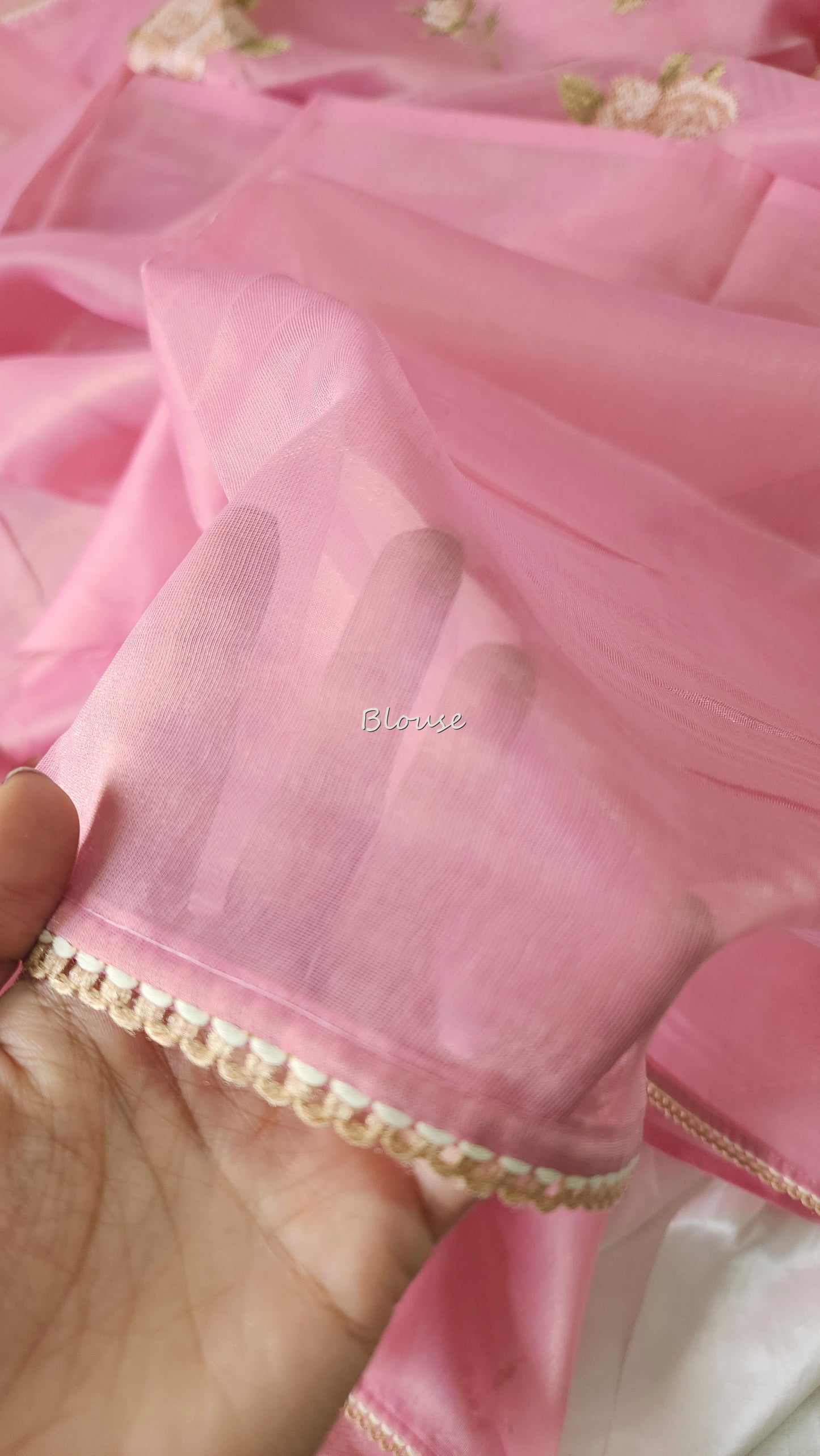 Linen tissue saree with cross stitch embroidery and lace edges | Pink | LCR1